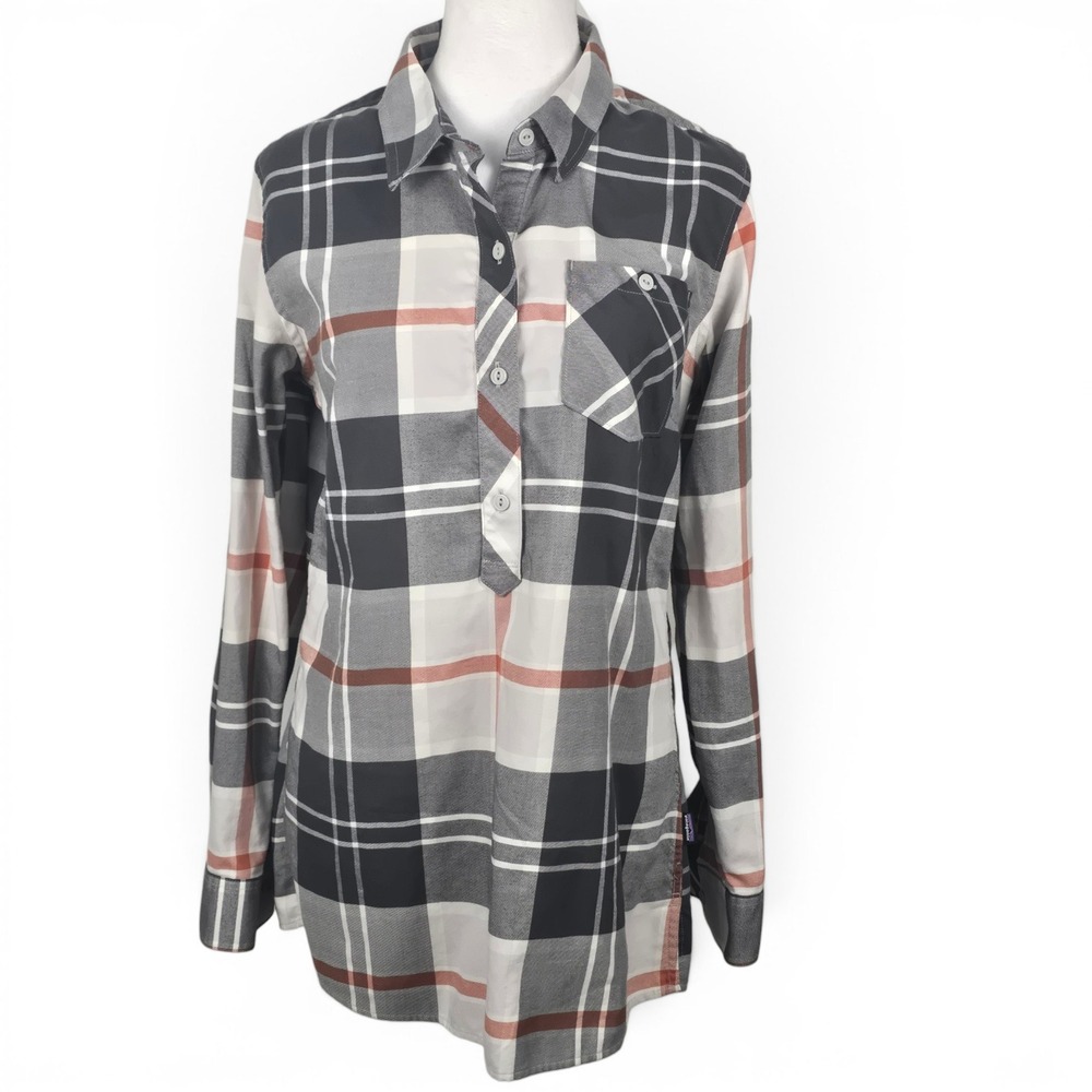 Patagonia Womens Plaid Organic Cotton Blend Popover Shirt Grey Orange Size M